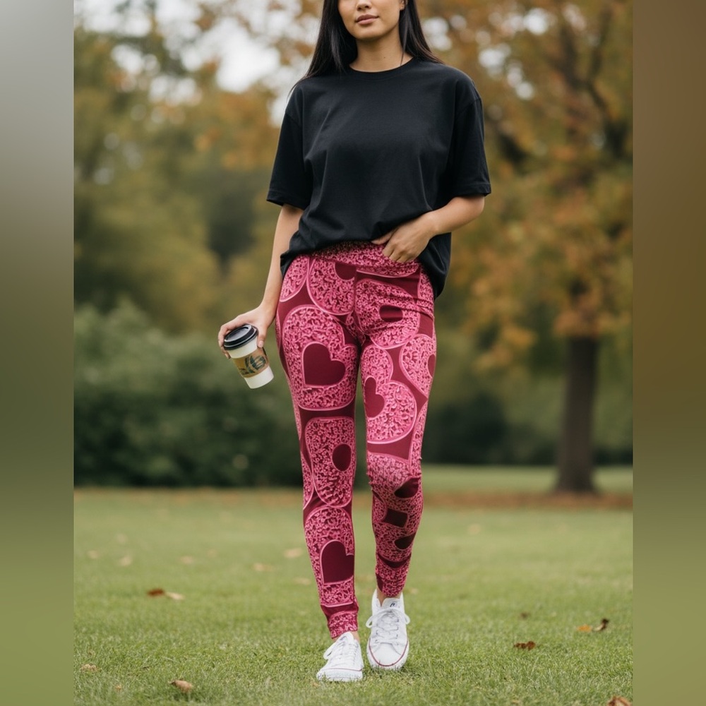 NEW•Pink Heart Patterned Tall & Curvy Leggings (12-18)
